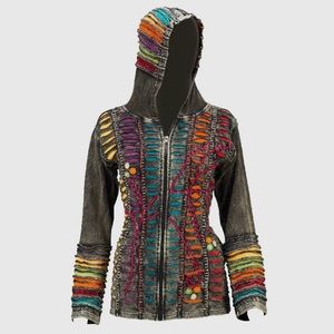 NWT Handcrafted Black Washed Colorful Stitched Hooded Jacket